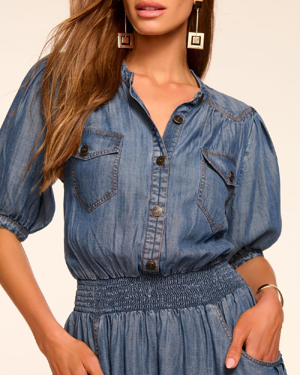 Ramy Brook Norah Chambray Smocked Waist Mini Dress