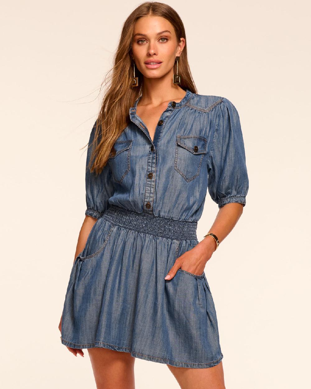 ramy brook Norah Chambray Smocked Waist Mini Dress