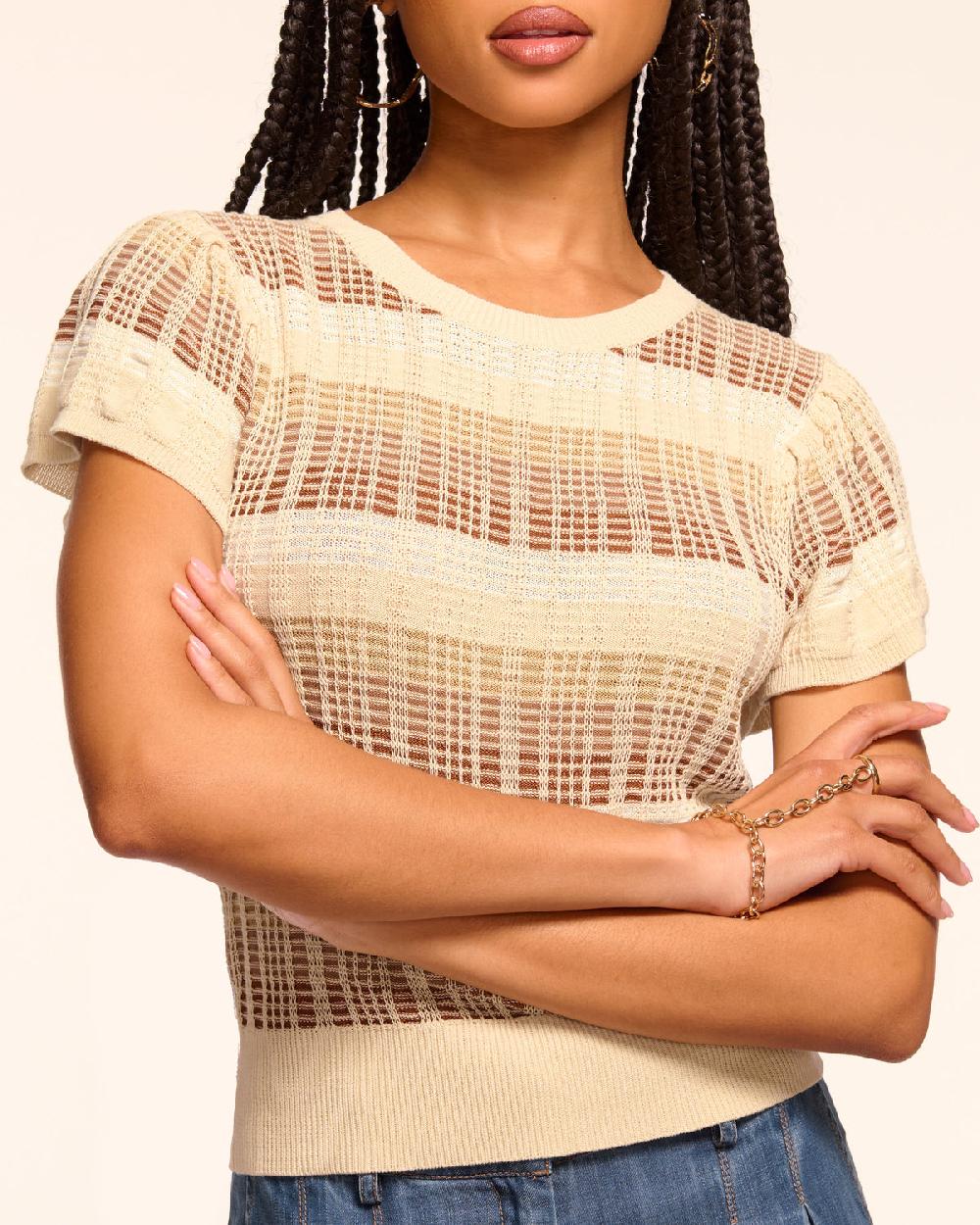 Ramy Brook Rebecca Plaid Knit Flutter Sleeve Top