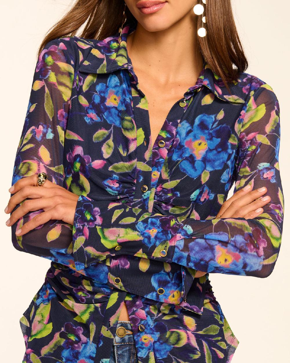 Ramy Brook Talisa Mesh Long Sleeve Button Down Top