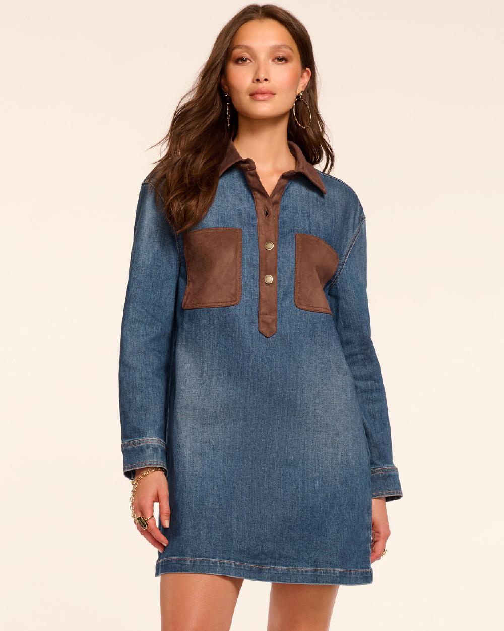 ramy brook Winnifred Faux Suede Trim Denim Mini Dress