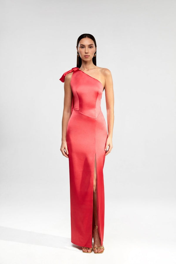 Rasario Assymetric Satin Maxi Dress With Bow And An Open Back Salmon S071X790 – RASARIO