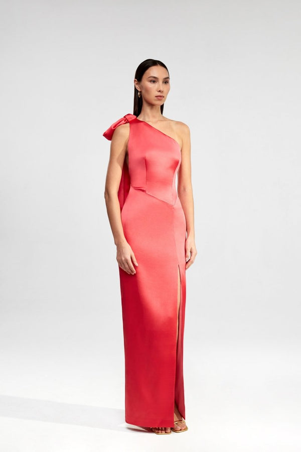 Rasario Assymetric Satin Maxi Dress With Bow And An Open Back Salmon S071X790 – RASARIO