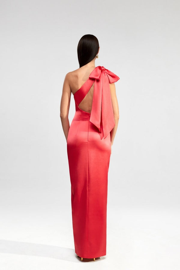 Rasario Assymetric Satin Maxi Dress With Bow And An Open Back Salmon S071X790 – RASARIO
