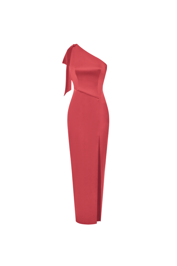 rasario Assymetric satin maxi dress with bow and an open back salmon S071X790 – RASARIO