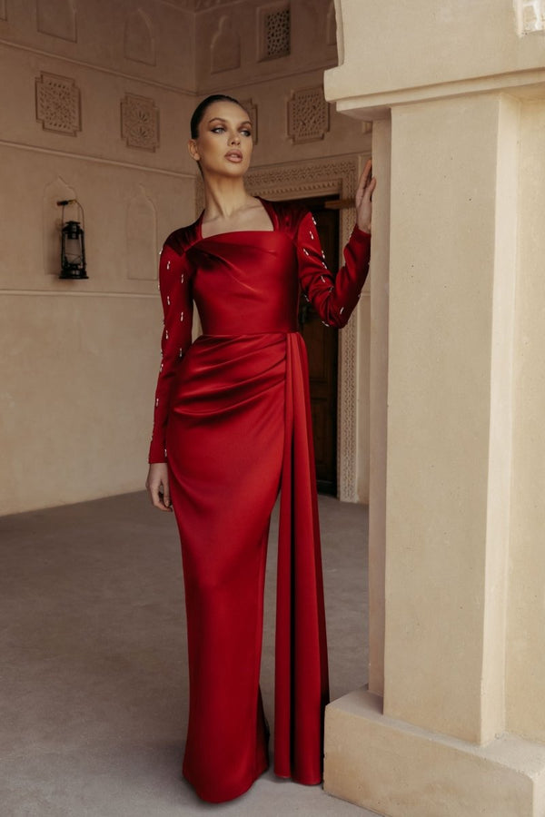 Rasario Asymmetric Draped Satin Gown With Embroidered Sleeves White 09X020_1 – RASARIO