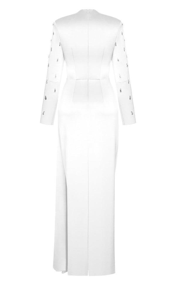 Rasario Asymmetric Draped Satin Gown With Embroidered Sleeves White 09X020_1 – RASARIO