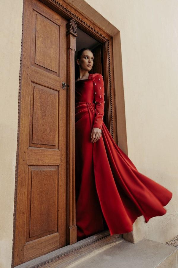 Rasario Asymmetric Draped Satin Gown With Embroidered Sleeves White 09X020_1 – RASARIO