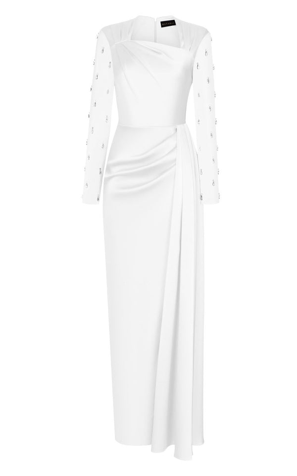 rasario Asymmetric draped satin gown with embroidered sleeves white 09X020_1 – RASARIO