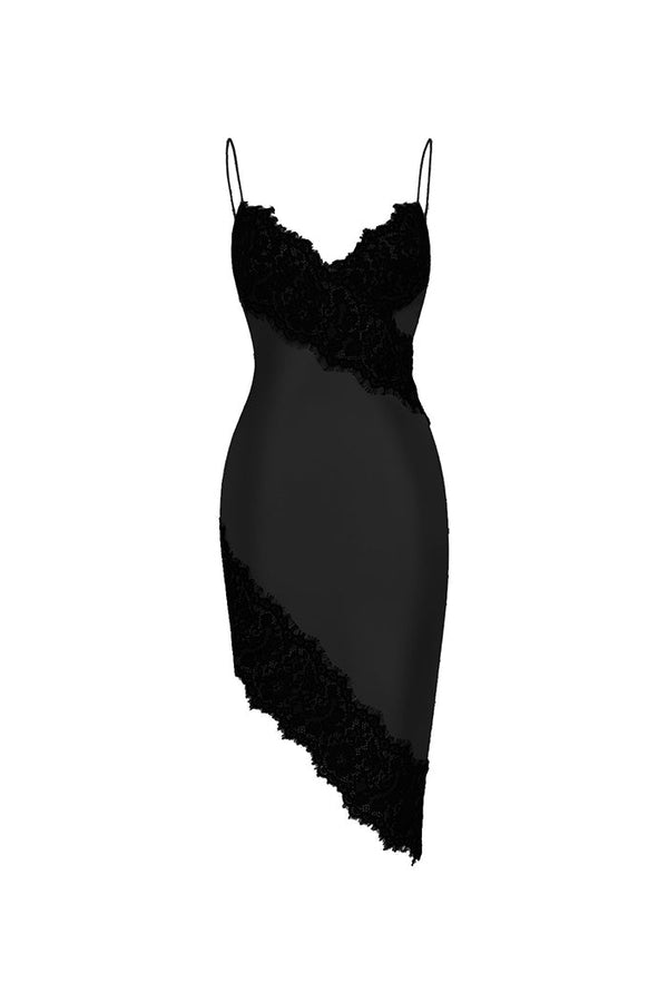 rasario Asymmetric satin and lace mini dress black S077N010 – RASARIO