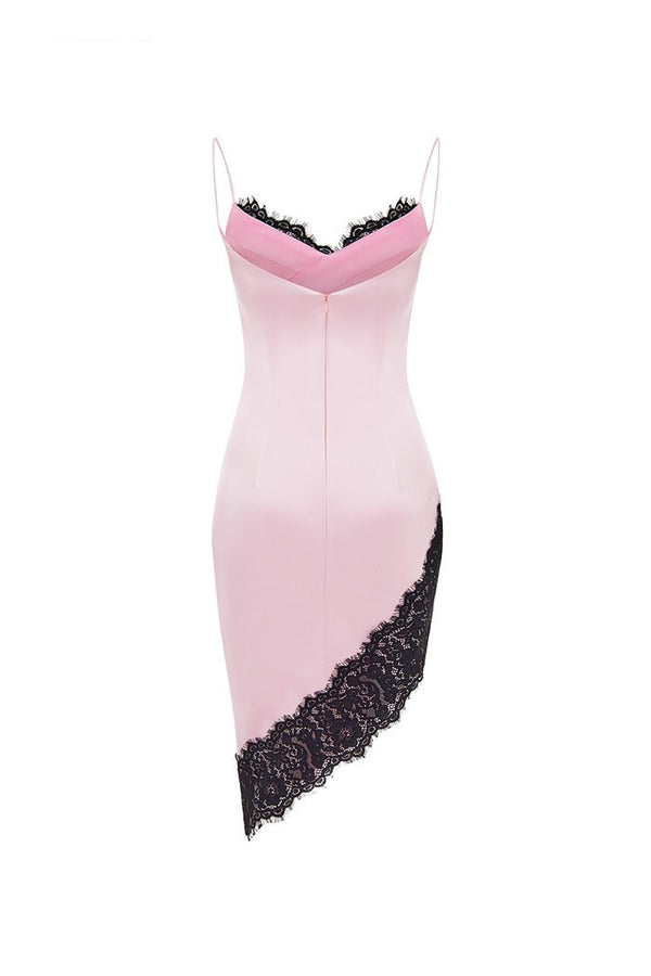 Rasario Asymmetric Satin And Lace Mini Dress Light Pink/black S077N640 – RASARIO