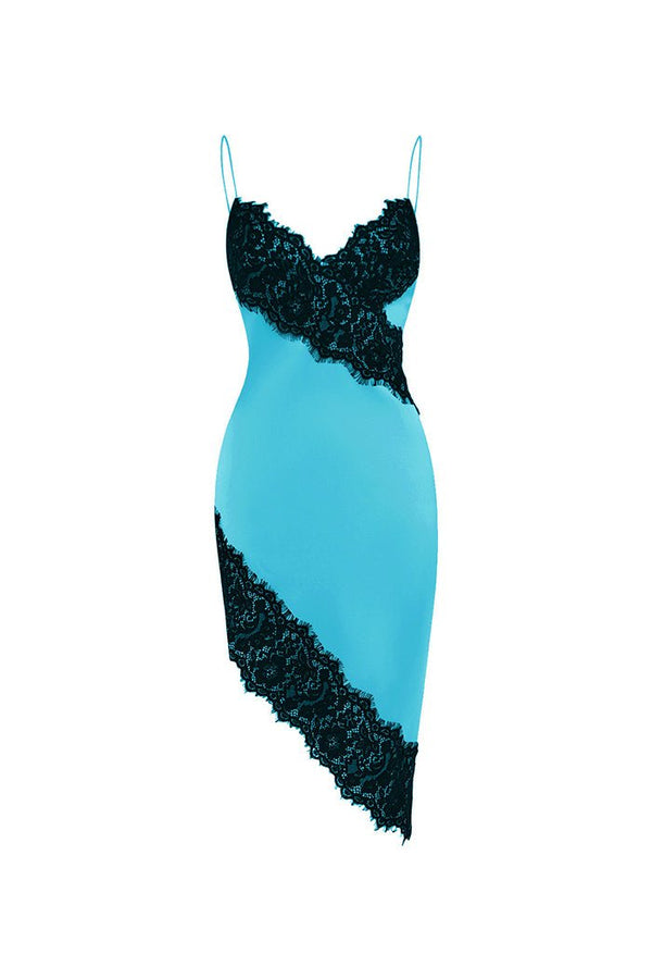 rasario Asymmetric satin and lace mini dress turquoise /black S077N630 – RASARIO
