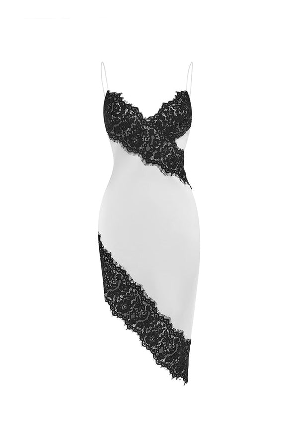 rasario Asymmetric satin and lace mini dress white/black S077N210 – RASARIO