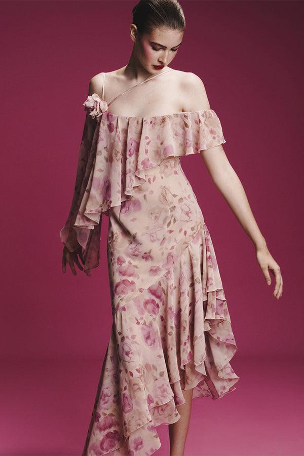 Rasario Asymmetrical Printed Chiffon Midi Dress With Flounces Pink 047DD009 – RASARIO