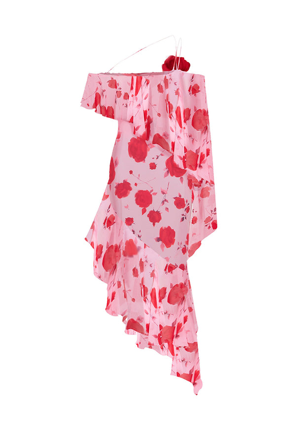 Rasario Asymmetrical Printed Chiffon Midi Dress With Flounces Pink 047DD009 – RASARIO