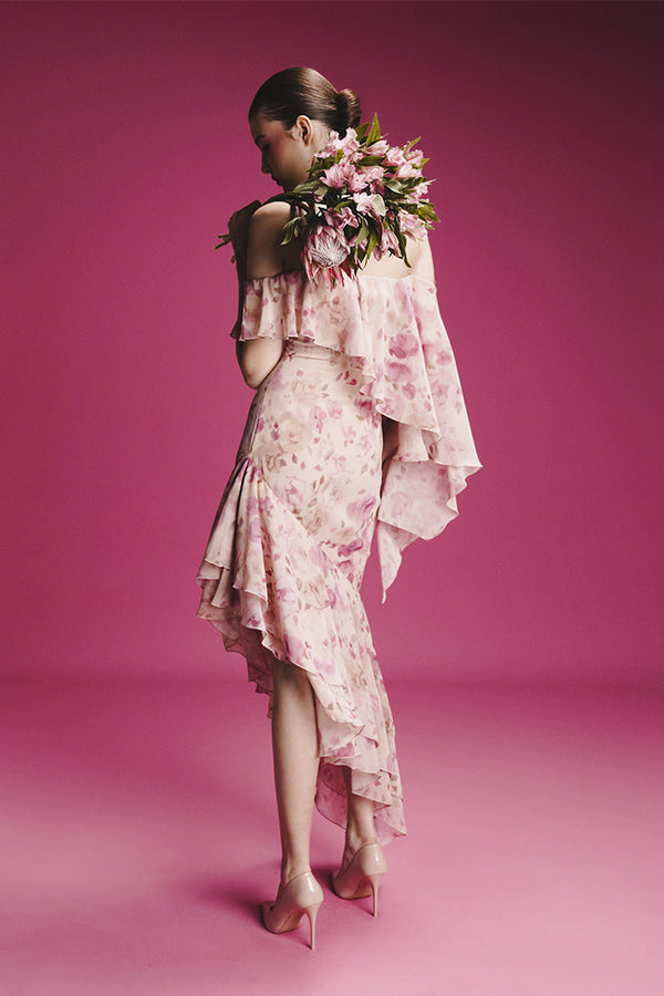 Rasario Asymmetrical Printed Chiffon Midi Dress With Flounces Powder 047DD010 – RASARIO