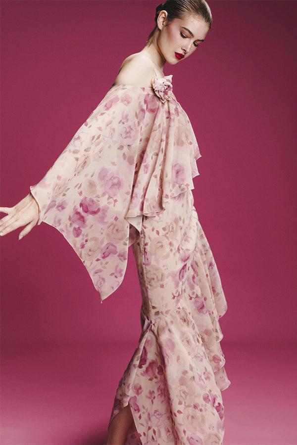 Rasario Asymmetrical Printed Chiffon Midi Dress With Flounces Powder 047DD010 – RASARIO