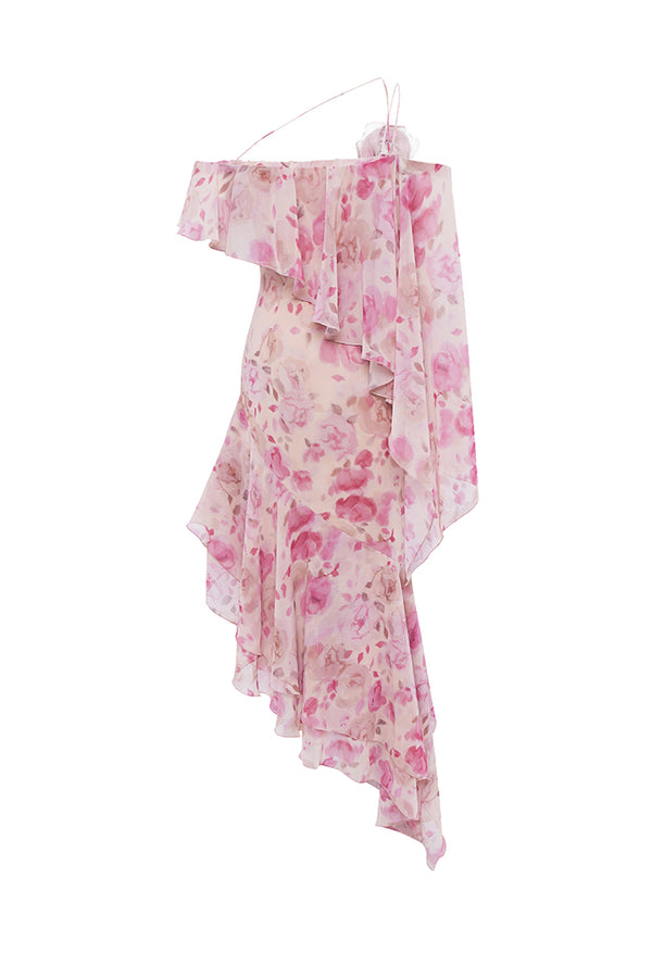 Rasario Asymmetrical Printed Chiffon Midi Dress With Flounces Powder 047DD010 – RASARIO