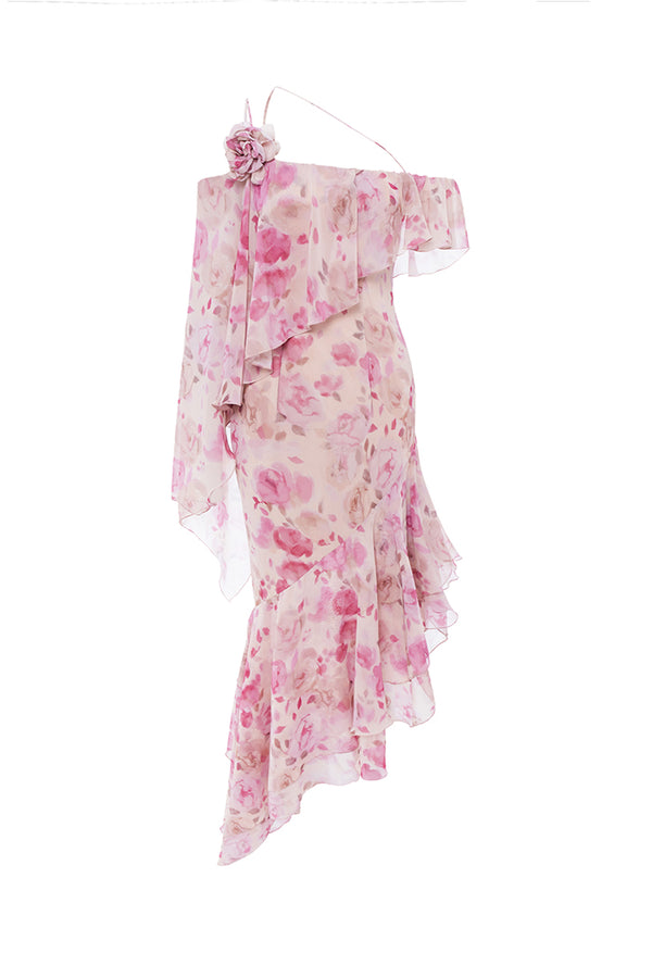 rasario Asymmetrical printed chiffon midi dress with flounces powder 047DD010 – RASARIO