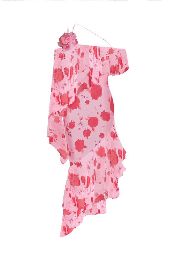 rasario Asymmetrical printed chiffon midi dress with flounces pink 047DD009 – RASARIO