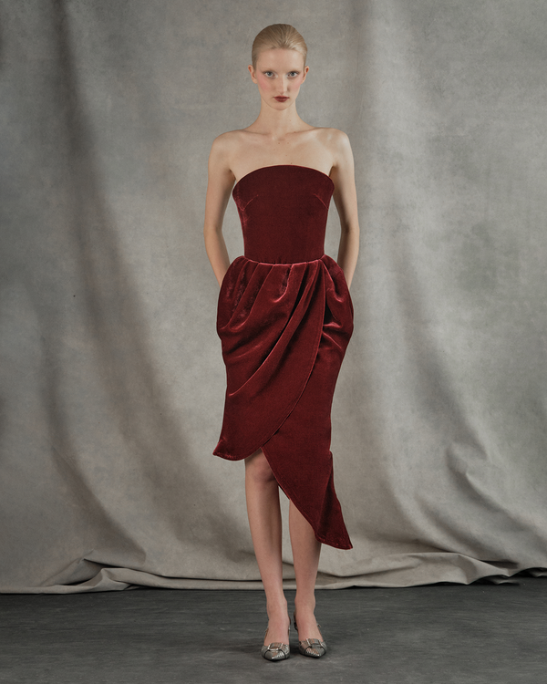 Rasario Asymmetrical Velvet Corset Midi Dress Burgundy 017DD013 – RASARIO
