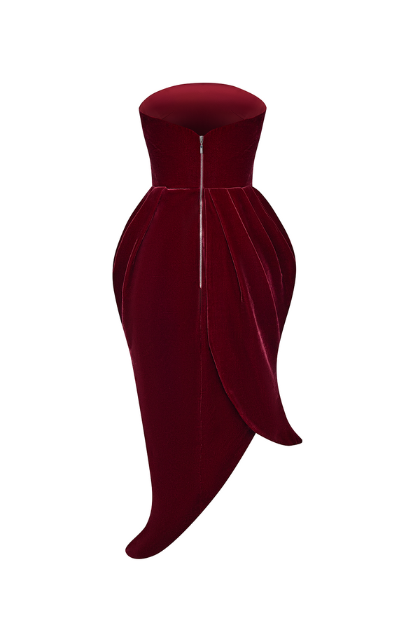 Rasario Asymmetrical Velvet Corset Midi Dress Burgundy 017DD013 – RASARIO