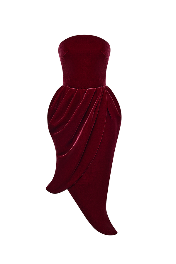 rasario Asymmetrical velvet corset midi dress burgundy 017DD013 – RASARIO