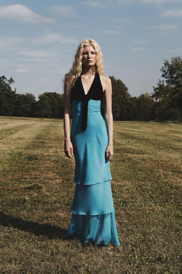 Rasario Chiffon And Velvet Maxi Dress With A Bow Turquoise/black 111DX061 – RASARIO