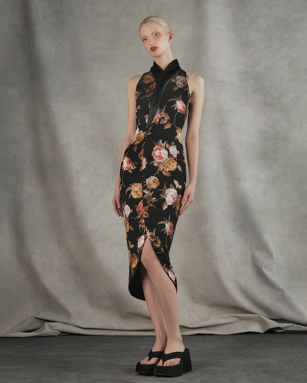 Rasario Chiffon-devoré And Satin Midi Dress Black/pink 033DD109 – RASARIO