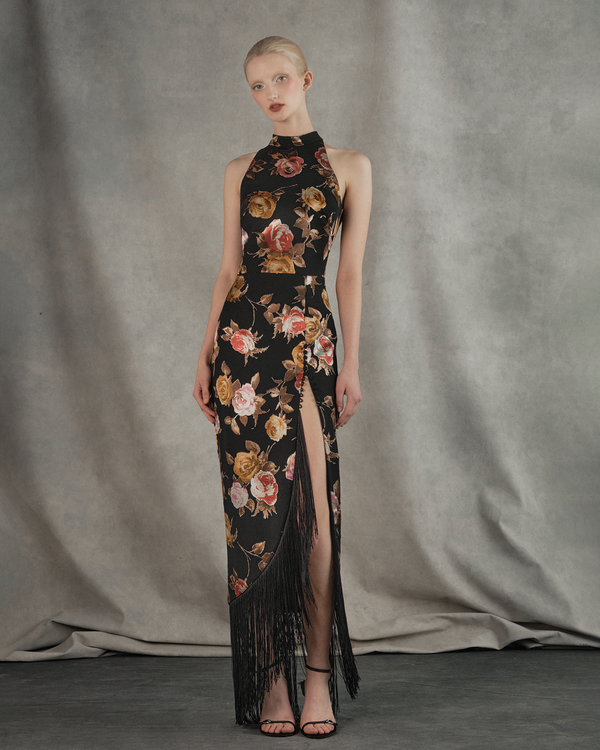 Rasario Chiffon-devoré Maxi Dress With Fringe Trim Black/pink 121DX109 – RASARIO