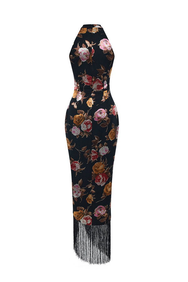 Rasario Chiffon-devoré Maxi Dress With Fringe Trim Black/pink 121DX109 – RASARIO