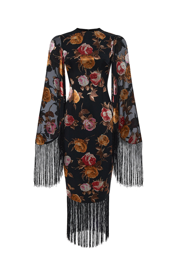 rasario Chiffon-devoré midi dress with fringe trim black/pink 122DD109 – RASARIO