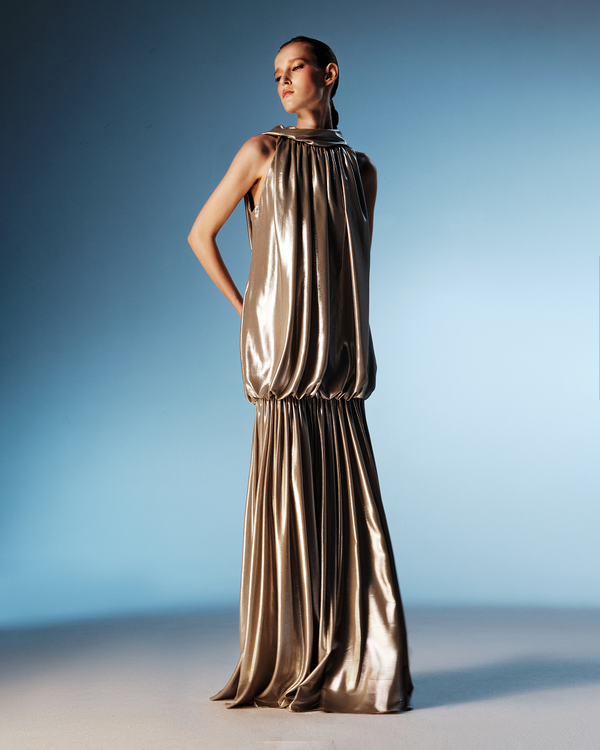 Rasario Chiffon Maxi Dress With An Open Back Olive 103DX078 – RASARIO