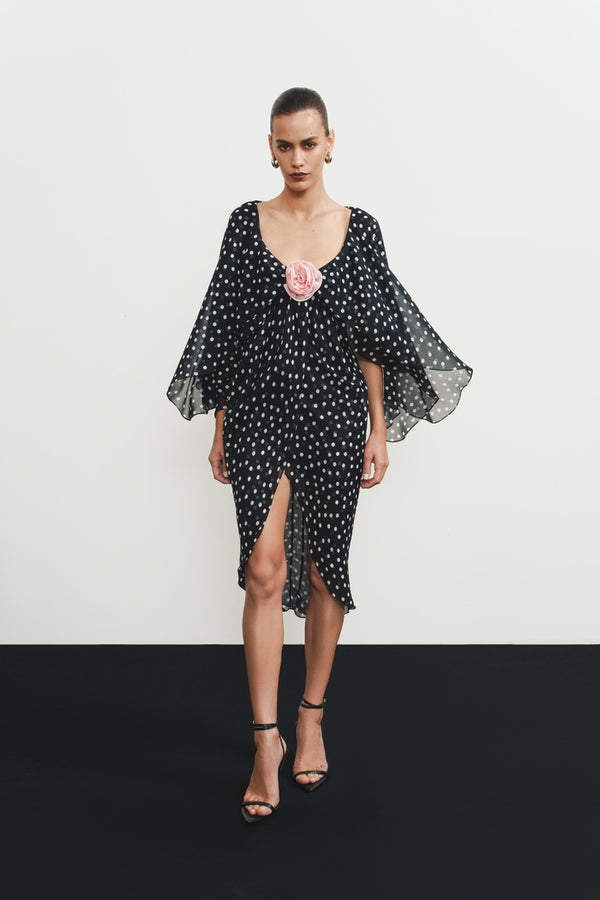 Rasario Chiffon Midi Dress With A Flower Black 006DD001 – RASARIO