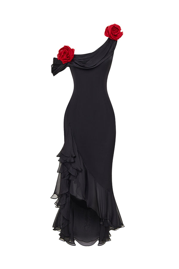 rasario Chiffon midi dress with flowers black 053DD001 – RASARIO