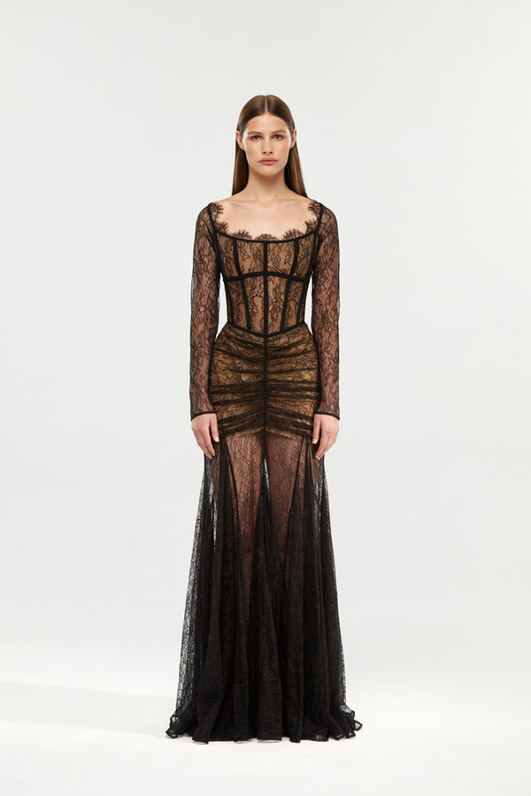 Rasario Corset Lace Gown With A Draped Skirt Black F006X010 – RASARIO