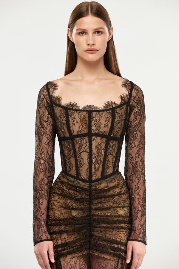 Rasario Corset Lace Gown With A Draped Skirt Black F006X010 – RASARIO