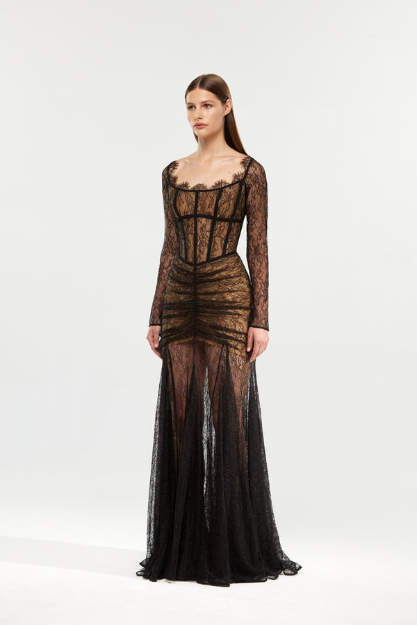 Rasario Corset Lace Gown With A Draped Skirt Black F006X010 – RASARIO