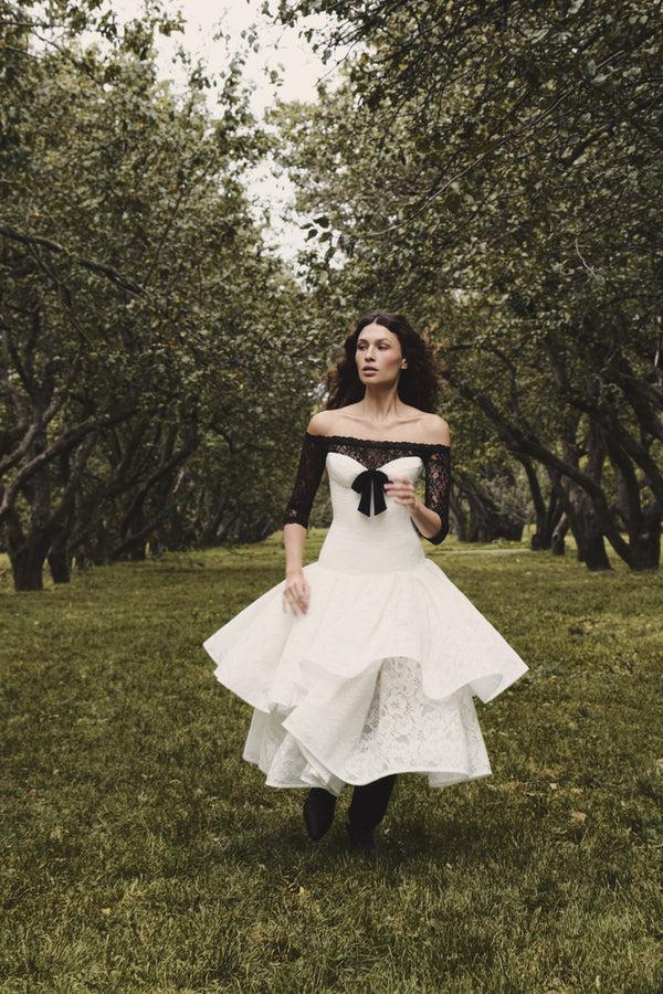 Rasario Corset Lace Midi Dress With A Bow White/black 115DD021 – RASARIO