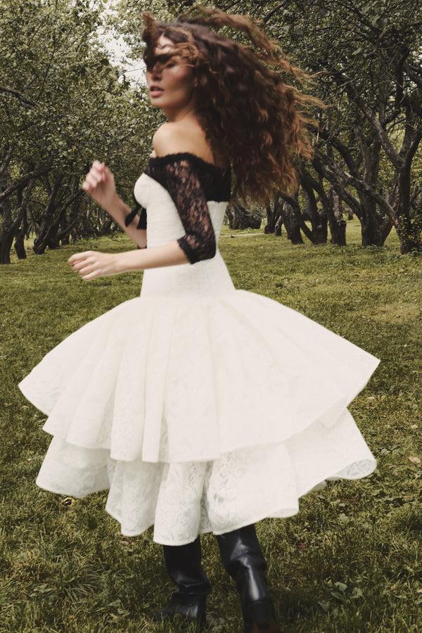 Rasario Corset Lace Midi Dress With A Bow White/black 115DD021 – RASARIO