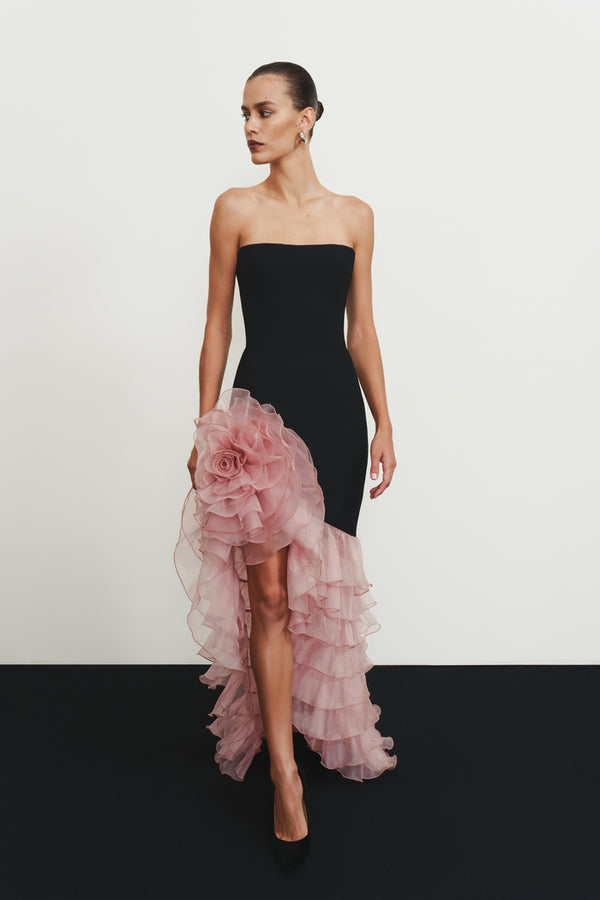 Rasario Crepe And Chiffon Maxi Dress With A Voluminous Flower Black/pink 099DX019 – RASARIO