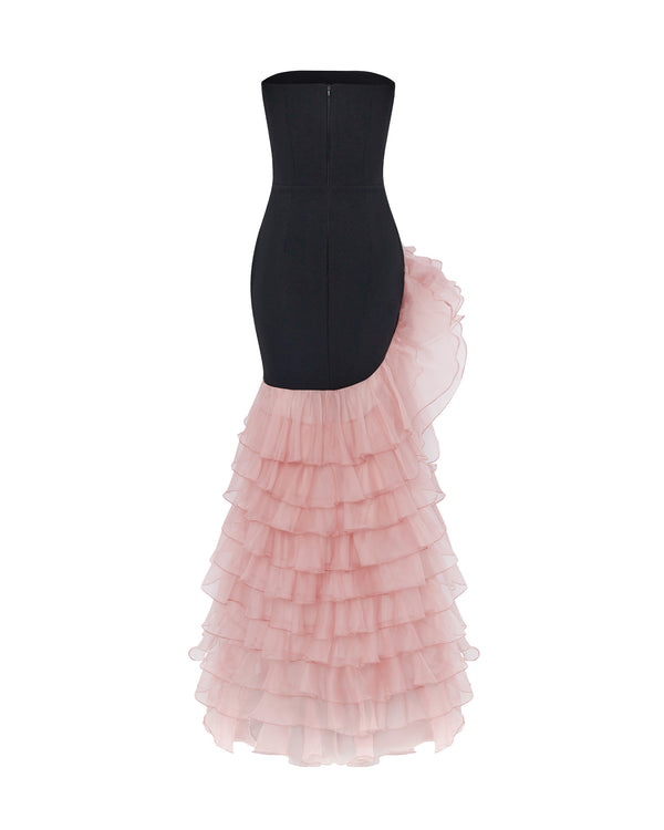 Rasario Crepe And Chiffon Maxi Dress With A Voluminous Flower Black/pink 099DX019 – RASARIO