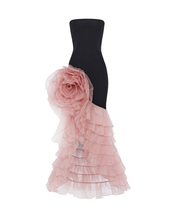 rasario Crepe and chiffon maxi dress with a voluminous flower black/pink 099DX019 – RASARIO