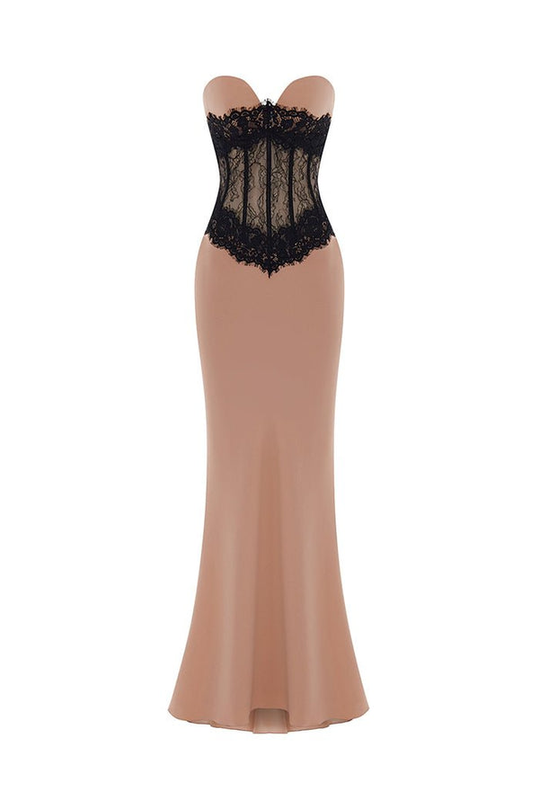 rasario Crepe and lace corset maxi dress beige/black S086X560 – RASARIO