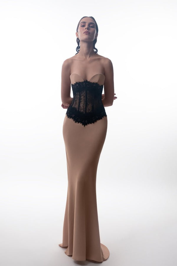 Rasario Crepe And Lace Corset Maxi Dress Black S086X010 – RASARIO