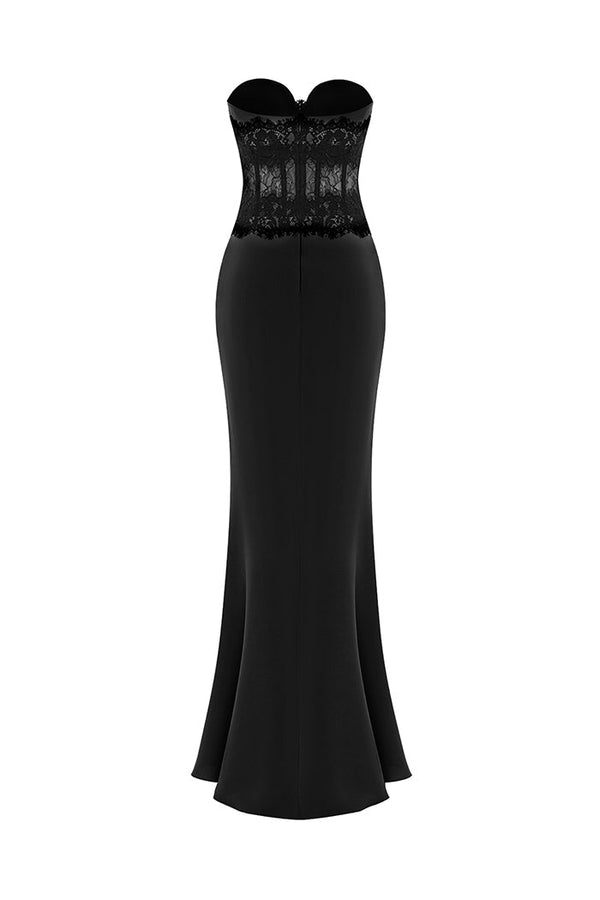 Rasario Crepe And Lace Corset Maxi Dress Black S086X010 – RASARIO