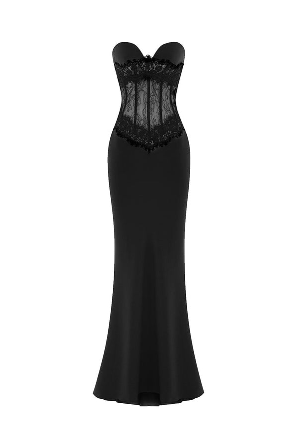 rasario Crepe and lace corset maxi dress black S086X010 – RASARIO