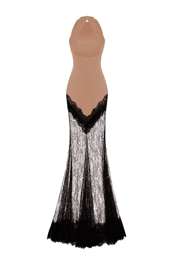 Rasario Crepe And Lace Maxi Dress Beige/black S067X560 – RASARIO