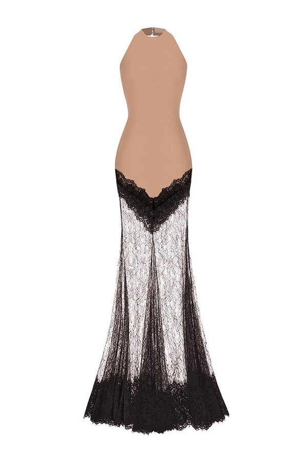 rasario Crepe and lace maxi dress beige/black S067X560 – RASARIO