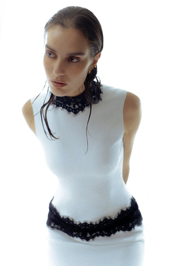 Rasario Crepe And Lace Maxi Dress Black S092X010 – RASARIO